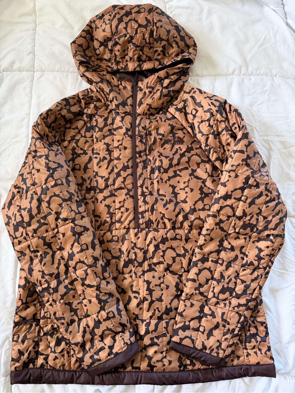 The North Face Circaloft 1/4 Zip Pullover Hooded Quilted Jacket Brown Print